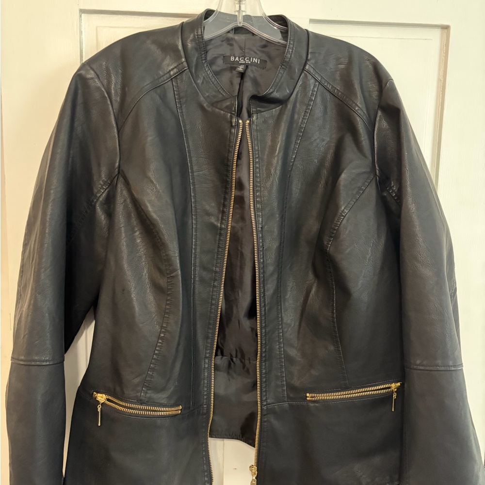 Baccini Black Faux Leather Jacket with Gold Accents